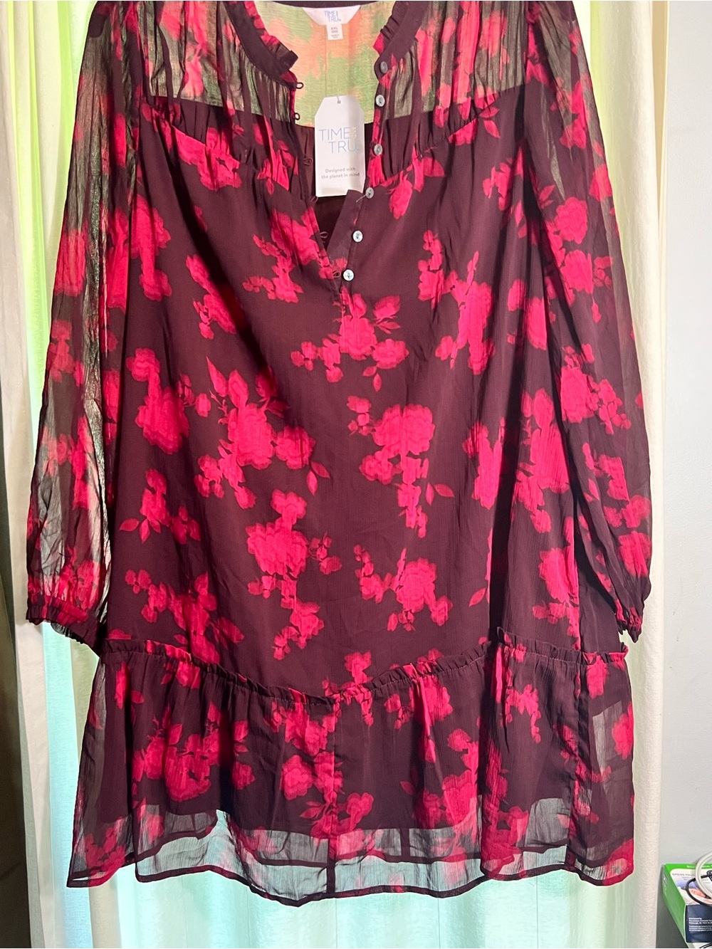 Time and Tru Burgundy Tunic with Raspberry Floral Print